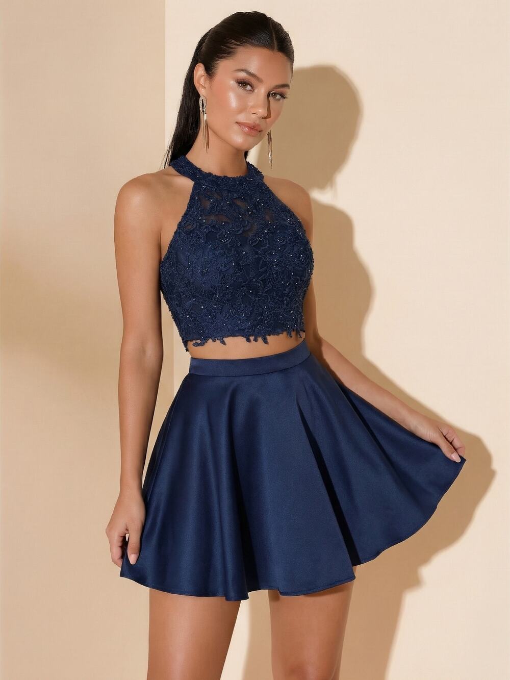 Alyce Paris Blue Lace Rhinestone 2PC HOCO Cocktail Wedding Guest Dress Pockets 4